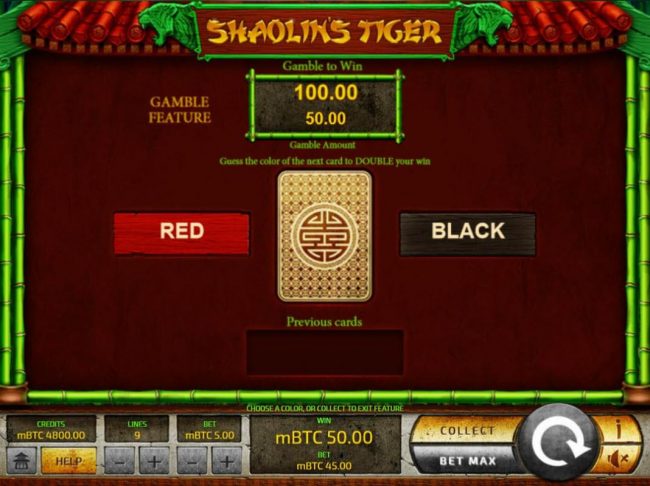 Gamble Feature - To gamble any win press Gamble then select Red or Black.