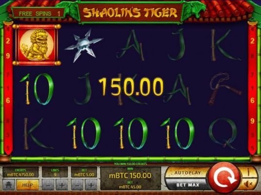 A 150.00 win triggered during the free spins feature.