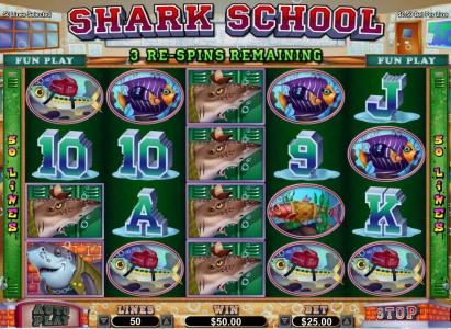 Bad Sharky Bonus Feature game board - 3 re-spins awarded
