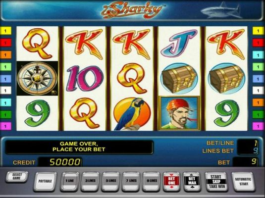 Main game board featuring five reels and 9 paylines with a $500,000 max payout