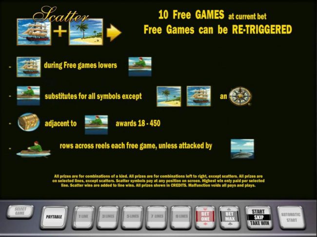 Lanind a sailing ship and a desert island symbols awards 10 free games.