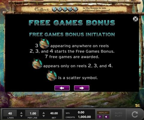 Free Games Bonus Rules - 3 wolf totem symbols appearing anywhere on reels 2, 3 and 4 starts the Free Games Bonus.