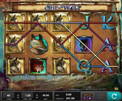 Stacked wolf wild symbols trigger multiple winning paylines awarding player with a 120.00 jackpot.