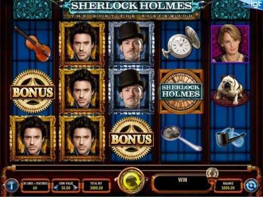 Main game board based upon the mysterious action-adventure of Sherlock Holmes theme, featuring five reels and 30 paylines with a $25,000 max payout