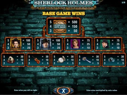 Base game symbols paytable - high value symbols include the game logo, Sherlock Holmes, Dr. Watson and Mrs. Hudson