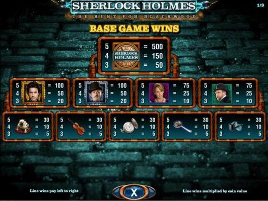 Base game symbols paytable - high value symbols include the game logo, Sherlock Holmes, Dr. Watson and Mrs. Hudson