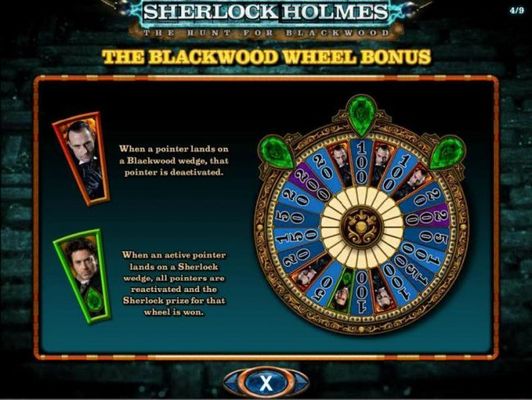 The Blackwood Wheel Bonus - When a pointer lands on a Blackwood wedge, that pointer is deactivated. When an active pointer lands on a Sherlock wedge, all pointers are reactivated and the Sherlock prize for that wheel is won.