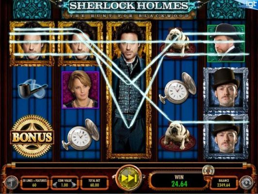Multiple winning paylines triggered by exapnded Sherlock Holmes symbol on 3rd reel.