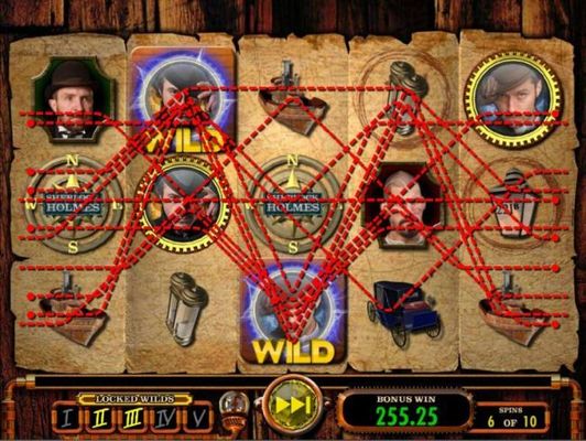 Two locked Wilds trigger multiple winning paylines and a big win during the free spins.