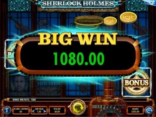 A 1,080.00 big win awarded for the free spins feature.