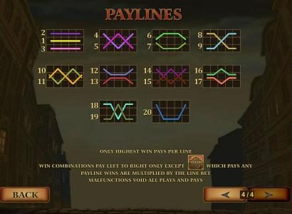 Payline Diagrams 1-20 Line wins pay left to right except scatters which pays any. Payline wins are multiplied by the line bet.