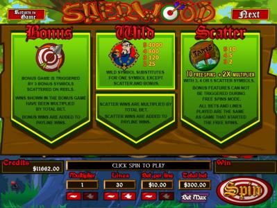 Bonus Game is triggered by 3 bonus symbols scattered on reels. Wild symbol substitutes for one symbol except scatter and bonus. Scatter, 3, 4 or 5 Taxes symbols scattered on reels wins Free Spins.