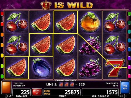 A 1575 coin jackpot triggered by multiple winning watermelon paylines.