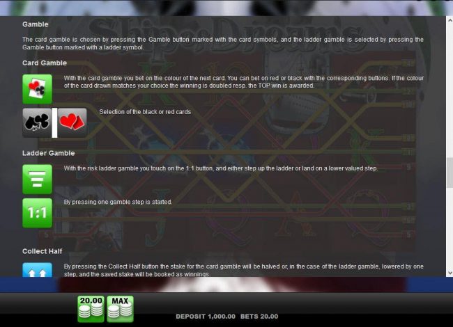 Gamble feature rules - The Card Gamble or Ladder Gamble are available after any winning spin, press the corresponding gamble feature button to play.