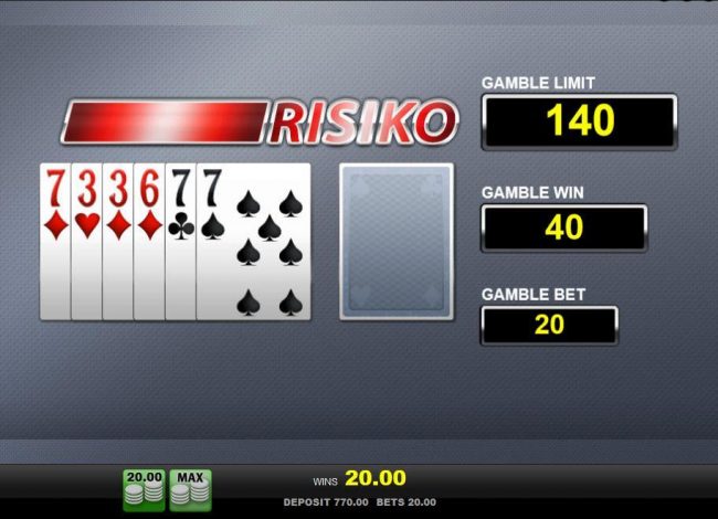 Risiko Gamble Feature - choose the color of the next card drawn. You can bet on red or black with the corresponding buttons.