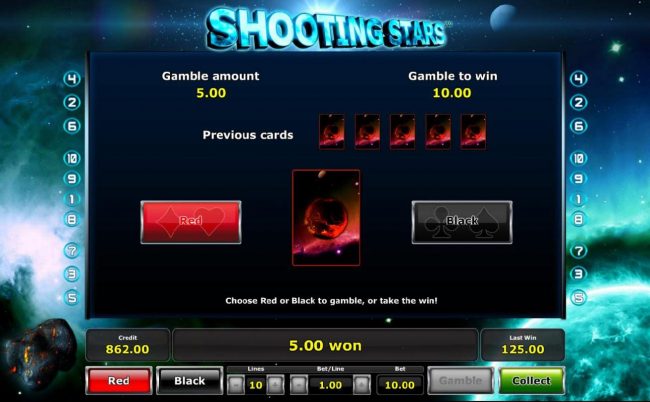 Gamble feature game board is available after every winning spin. For a chance to increase your winnings, select the correct color of the next card or take win.