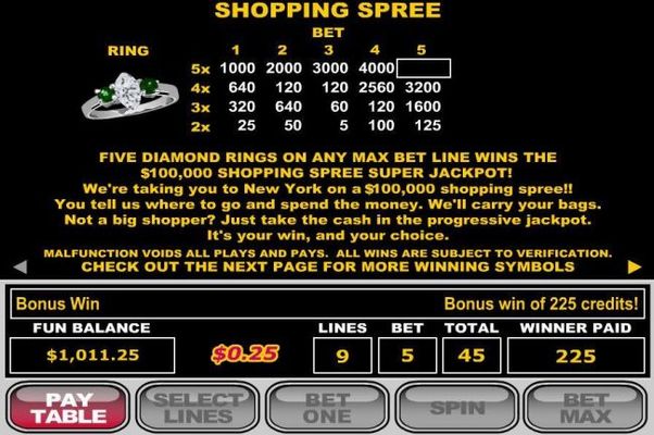 Five diamond rings on any max bet line wins the $100,000 Shopping Spree Super Jackpot.