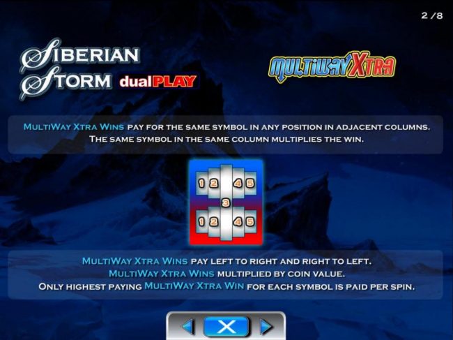 MultiWay Xtra Wins pay for the same symbol in any position in adjacent columns. Same symbol in same column multiplies win.