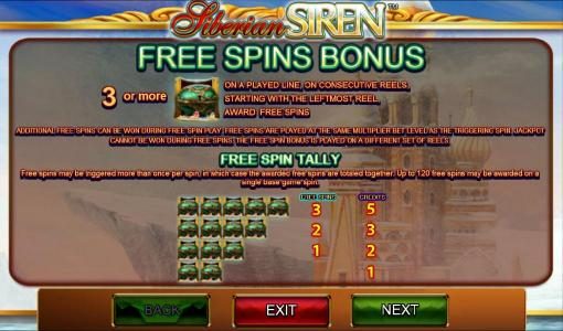 Free Spins Bonus - 3 or more Faberge Egg symbols on a played line, on consecutive reels, starting with the leftmost reel, awards free spins.
