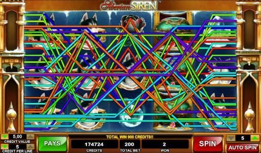 A 900 credit big win triggered by multiple winning paylines.