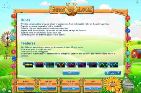 General game rules, features and payline diagrams.
