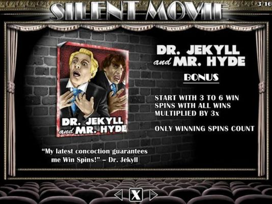 Dr. Jekyll and Mr. Hyde Bonus - Start with 3 to 6 win spins with all wins multiplied by 3x.