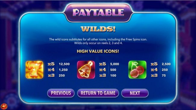 High value slot game symbols paytable featuring classic Vegas slot icons.