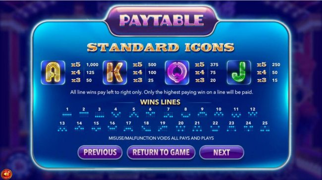 Low value game symbols paytable and payline diagrams 1 to 25.