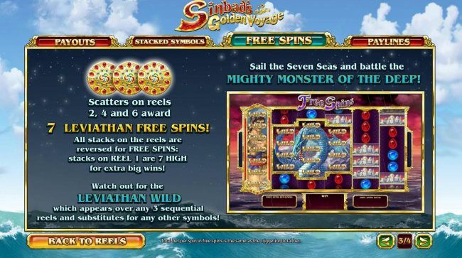 Three scatters on reels 2, 4 and 6 award 7 Leviathan Free Spins! All stacks on the reels are reversed for free spins