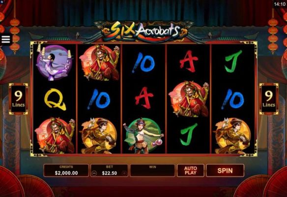 Main game board featuring five reels and 9 paylines with a $97,500 max payout.