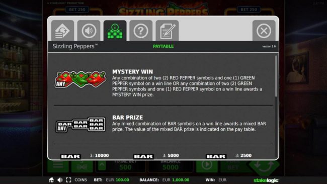 Mystery Win - Any combination of two red pepper symbols and 1 green pepper symbol on a win line or any combination of 2 green pepper symbols and 1 red pepper symbol on a win line awards a mystery win prize.