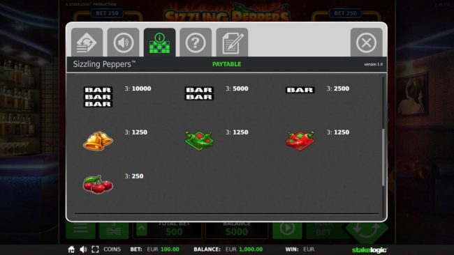 Slot game symbols paytable.