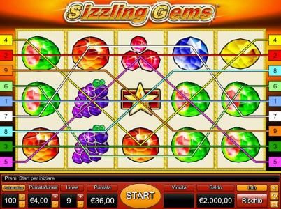 This slot game is based on a jeweled fruit theme. Main game board featuring five reels and 9 paylines with a $100,000 max payout