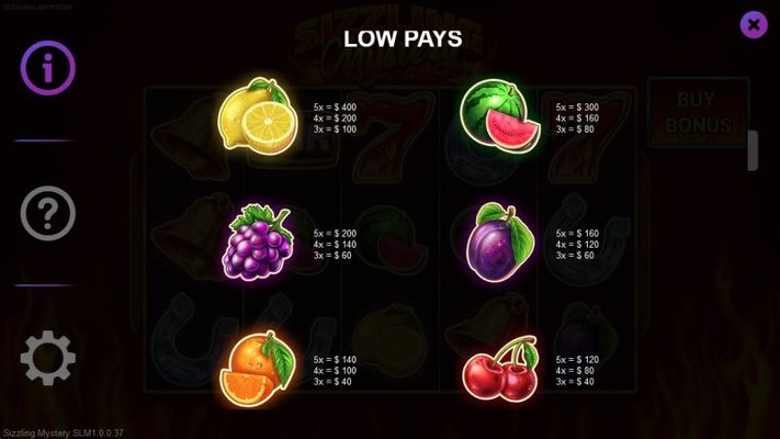 Low Value Symbols Paytable