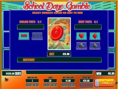 Gamble feature is available after each winning spin. Select color or suit to play.