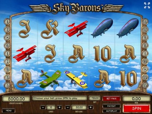 A World War I airplane themed main game board featuring five reels and 15 paylines with a $250,000 max payout