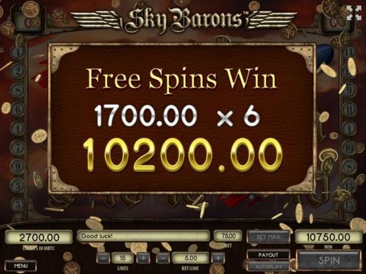 The Free Spins feature pays out a total of 10,200.00.