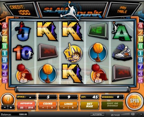 A basketball themed main game board featuring five reels and 9 paylines with a $45,000 max payout