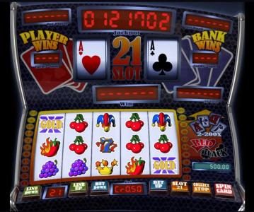 Main game board featuring five reels and 21 paylines with a $4,000 max payout