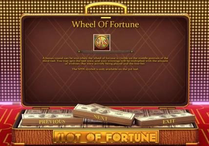 Wheel Of Fortune - A bonus round can be won when rhe wheel od fortune is visible on the middle position of the third reel. The spin symbol is only available on the third reel.