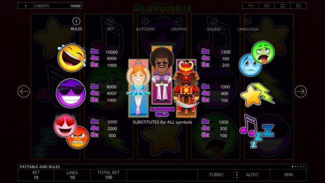 Slot game symbols paytable.