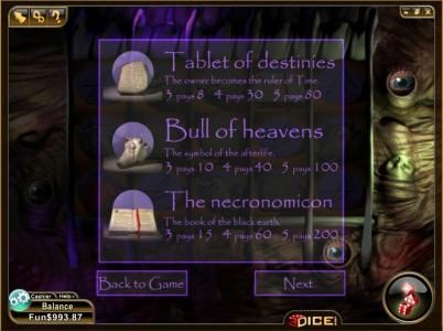 tablet of destinies, bull of heavens and the necronomicon symbols paytable
