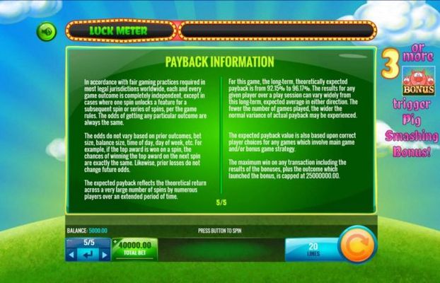 Payback Information - Theoretical return To Player is from 92.15% to 96.17%. The maximum win on any transaction is capped at 25,000,000.