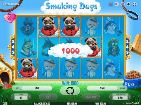 A cigar chomping dog triggers a winning combination leading to a 1000 coin payout.