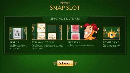 special features - 15 reels, 8557 ways to win, free spins, bonus game