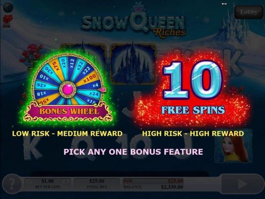 You get to select one of two bonus features to play, Bonus Wheel or 10 Free Spins.