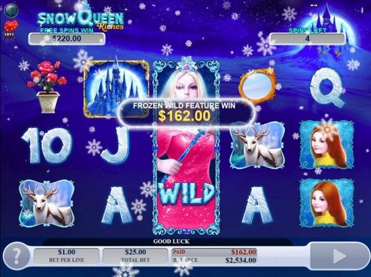 Frozen Wild Feature pays out a total of 162.00 during the Free Games feature.