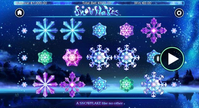 A winter wonderland themed main game board featuring five reels and 25 paylines with a $10,000 max payout