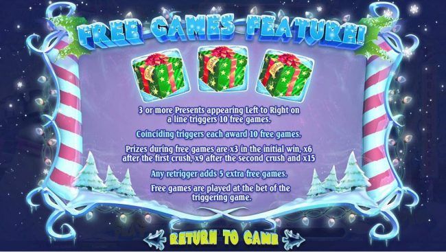 Free Games feature - 3 or more presents appearing left to right on a line triggers 10 free games. Coinciding triggers each award 10 free games.
