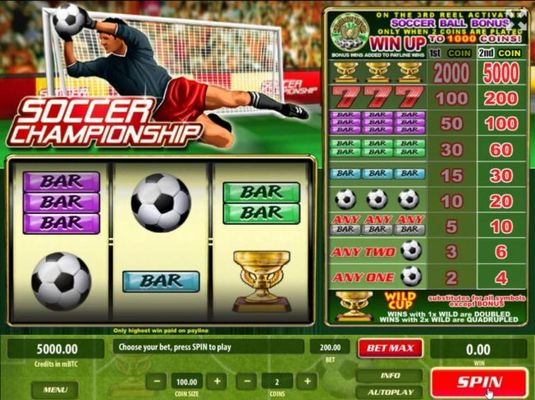 A soccer themed main game board featuring three reels and 1 payline with a $500,000 max payout